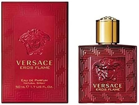 Imagen del perfume VERSACE Eros Flame 50 ml – Vista frontal del frasco elegante de color rojo intenso con detalles dorados, representando la fragancia masculina de lujo, ideal para reseñas y opiniones sobre VERSACE Eros Flame.