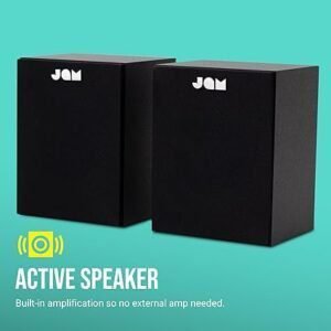 Altavoces de estantería JAM cableados con entradas AUX y RCA, compatibles con tocadiscos y reproductores de vinilos, diseño compacto y moderno ideal para hogar u oficina.