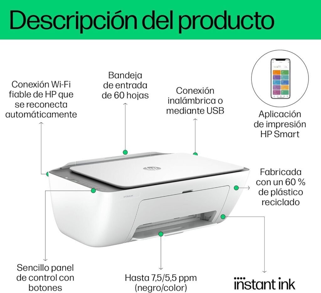 Impresora multifunción HP DeskJet 2820e vista en primer plano, diseño compacto y moderno ideal para el hogar u oficina, destacando su bandeja de papel y panel de control frontal.