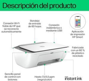 Impresora multifunción HP DeskJet 2820e vista en primer plano, diseño compacto y moderno ideal para el hogar u oficina, destacando su bandeja de papel y panel de control frontal.