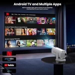 Imagen del Mini Proyector 4K Supote 1080P con WiFi y Bluetooth, compatible con Apps y sistema Android TV OS, diseño portátil ideal para cine en casa y entretenimiento en exteriores.