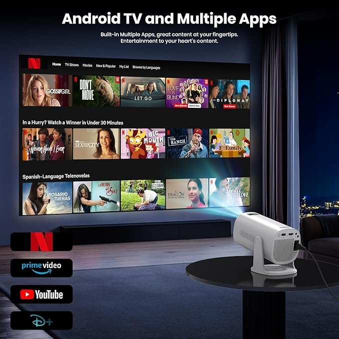 Imagen del Mini Proyector 4K Supote 1080P con WiFi y Bluetooth, compatible con Apps y sistema Android TV OS, diseño portátil ideal para cine en casa y entretenimiento en exteriores.