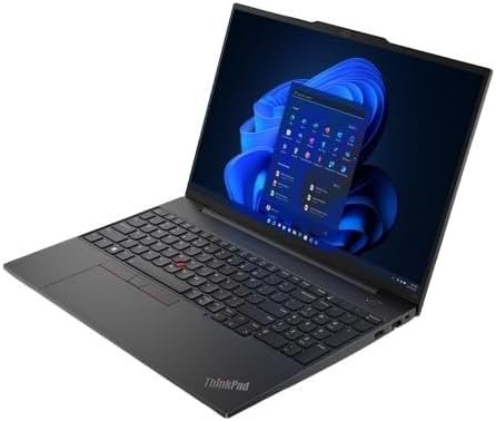 Imagen del Lenovo ThinkPad portátil de 16 pulgadas con pantalla FHD, procesador Intel Core i7-1355U, 8GB de RAM, disco SSD de 512GB, gráficos integrados Intel Iris Xe y sistema operativo Windows 11 Pro – vista frontal del diseño elegante y profesional del equipo.