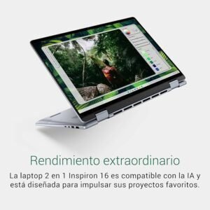 Imagen del portátil Dell Inspiron 16 2 en 1 modelo 7640 con pantalla táctil de 16 pulgadas FHD+ y relación 16:10, equipado con procesador Intel Core Ultra 5, 16GB de RAM y unidad SSD de 512GB; diseño elegante y versátil ideal para productividad y entretenimiento.