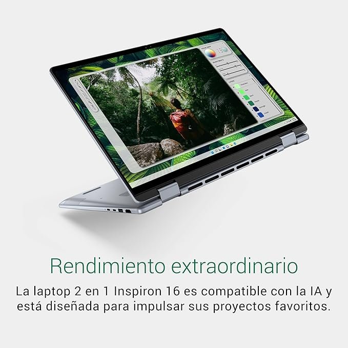 Imagen del portátil Dell Inspiron 16 2 en 1 modelo 7640 con pantalla táctil de 16 pulgadas FHD+ y relación 16:10, equipado con procesador Intel Core Ultra 5, 16GB de RAM y unidad SSD de 512GB; diseño elegante y versátil ideal para productividad y entretenimiento.