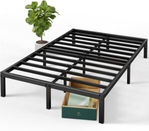 Vista frontal de la cama Zinus Elias con estructura de metal resistente y diseño minimalista en negro, ideal para dormitorio moderno; imagen destacada para ilustrar opiniones reales sobre la Zinus Elias cama.