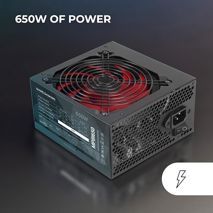 Imagen de la fuente de alimentación Mars Gaming MPIII650 para PC ATX de 650W, diseño robusto y elegante en color negro, ideal para configuraciones gaming de alto rendimiento.