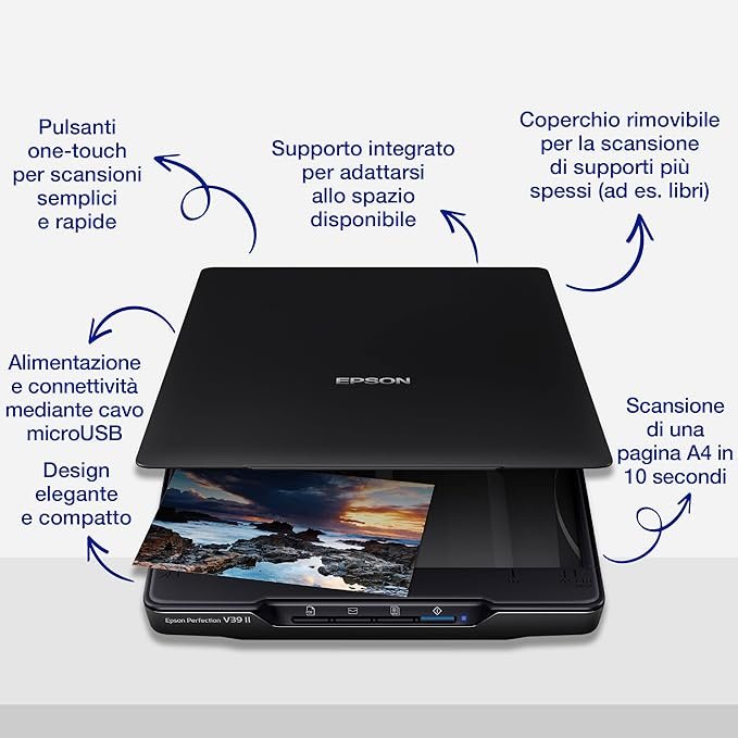 Escáner Epson Perfection V39II de alta resolución sobre fondo blanco, diseño compacto ideal para digitalizar fotos y documentos con gran calidad.