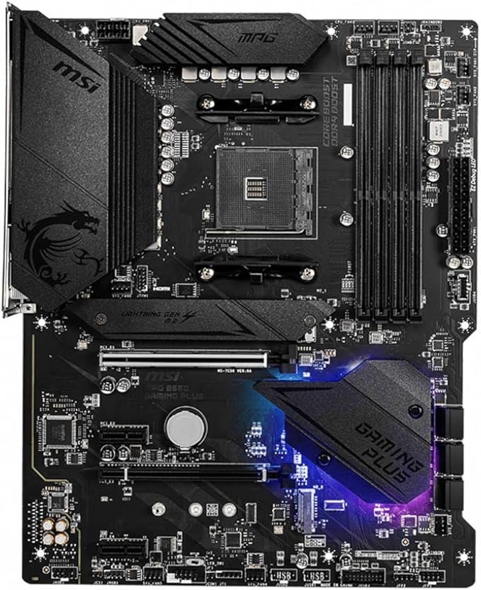 Imagen de la placa base MSI MPG B550 Gaming Plus (ATX) con socket AMD AM4, compatible con memoria DDR4, ranuras M.2, puertos USB 3.2 Gen 2 y salida HDMI; destacada por sus opiniones positivas entre los usuarios gamers por su rendimiento, diseño y compatibilidad con procesadores Ryzen.