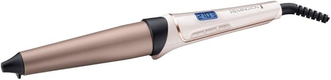 Imagen del rizador Remington PROluxe con Tecnología OPTIHeat, diseño elegante en color dorado y blanco, barril cónico de 25-38 mm ideal para rizos duraderos y definidos.