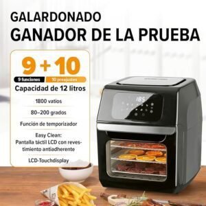 Freidora de aire GOURMETmaxx Digital Hot Air Fryer 12 L negra con pantalla táctil, temporizador y espetón giratorio – horno de aire XXL ideal para cocinar sin aceite.