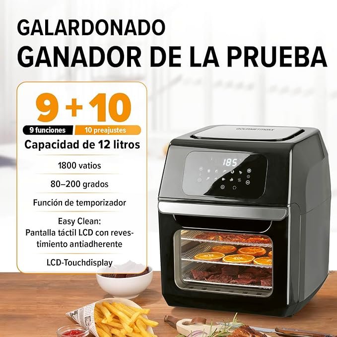 Freidora de aire GOURMETmaxx Digital Hot Air Fryer 12 L negra con pantalla táctil, temporizador y espetón giratorio – horno de aire XXL ideal para cocinar sin aceite.