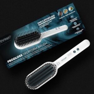 Imagen del REVAMP Progloss Cepillo Alisador de Cerámica: diseño elegante en color negro con detalles dorados, tecnología de cerámica avanzada para alisar el cabello de forma rápida y sin frizz, ideal para obtener un acabado profesional desde casa.