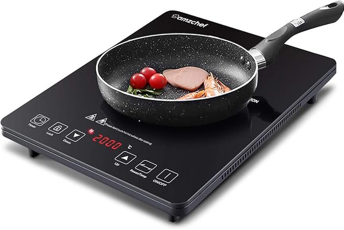 Imagen de la Placa de Inducción Portátil AMZCHEF de 2000 W, diseño compacto y moderno ideal para cocinas pequeñas, camping o uso diario; destaca por su eficiencia energética y fácil manejo.