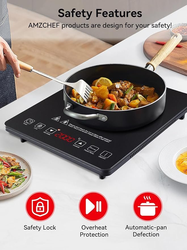 Imagen de la placa de inducción AMZCHEF de 1 fuego y 2000W, con diseño compacto de 28 cm y bobina grande, ideal para cocinas modernas y eficiencia energética.