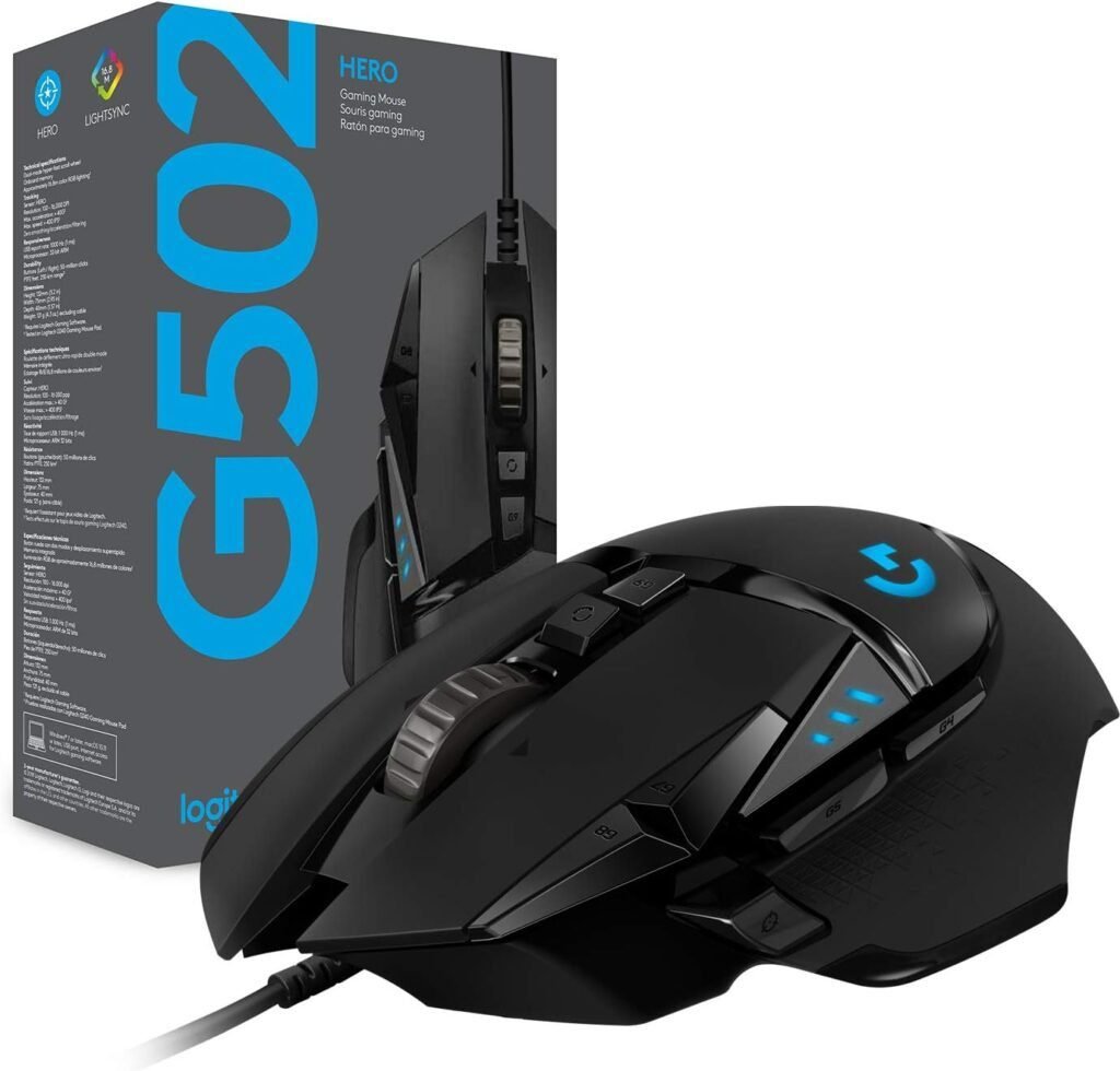 Logitech G502 HERO Ratón Gaming con Cable – Vista del diseño ergonómico en color negro con botones programables y sensor óptico HERO 25K de alto rendimiento, ideal para juegos de alta precisión.