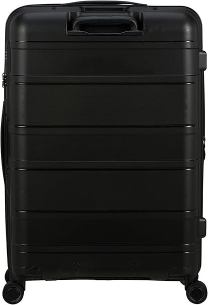Imagen del set de maletas American Tourister Skymax de 3 piezas en color negro, mostrando su diseño elegante, ruedas giratorias y resistentes, asas ergonómicas y tejido duradero, ideal para viajes cómodos y seguros.
