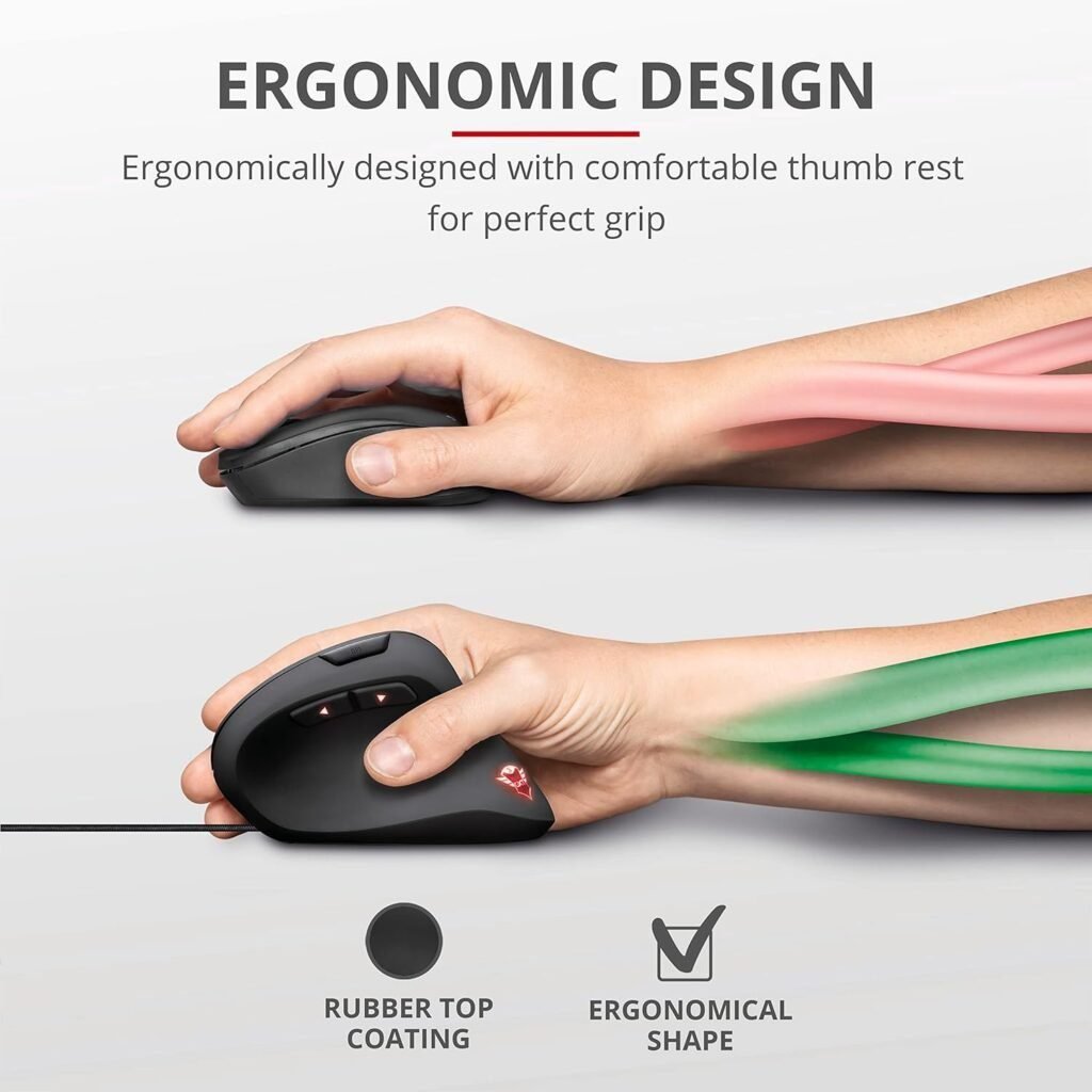 Ratón vertical ergonómico Trust Gaming GXT 144 Rexx con retroiluminación RGB, diseño para juegos, resolución ajustable de 250 a 10000 dpi – vista del producto.