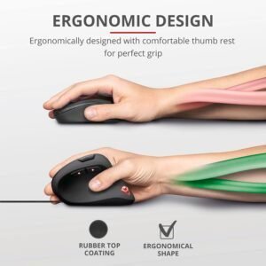 Ratón vertical ergonómico Trust Gaming GXT 144 Rexx con retroiluminación RGB, diseño para juegos, resolución ajustable de 250 a 10000 dpi – vista del producto.