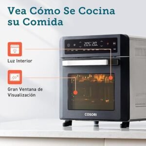 Imagen de la freidora de aire COSORI de 12 litros en color negro, mostrando su diseño moderno, controles digitales, puerta de vidrio transparente y accesorios incluidos. Aparato multifunción con 11 programas, doble resistencia superior e inferior, y control de temperatura ajustable de 30°C a 220°C. Ideal para reseñas y opiniones sobre la COSORI Air Fryer.