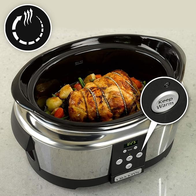Olla de cocción lenta digital CrockPot SCCPBPP605-050 de 5,7 litros en color acero inoxidable, ideal para preparar multitud de recetas de forma fácil y eficiente, con potencia de 230?W y programación automática.