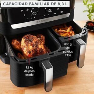 Freidora de aire Moulinex Dual Easy Fry 8,3 L en color negro, con doble compartimento de 5,2 L y 3,1 L, ideal para cocinar dos platos a la vez, destaca por su tecnología de ahorro energético de hasta un 70%, diseño moderno compacto y controles táctiles intuitivos.