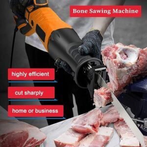 Imagen de máquina de sierra para huesos inalámbrica en color metálico con diseño portátil, incluye dos baterías recargables, ideal para cortes precisos; perfecta representación del producto destacado en "Opiniones Máquina de sierra para huesos inalámbrica".