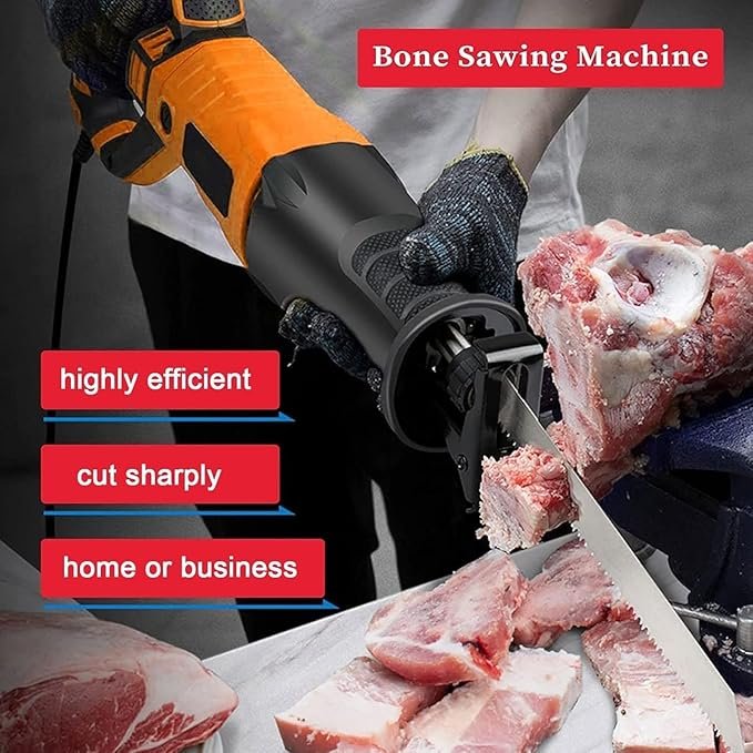 Imagen de máquina de sierra para huesos inalámbrica en color metálico con diseño portátil, incluye dos baterías recargables, ideal para cortes precisos; perfecta representación del producto destacado en "Opiniones Máquina de sierra para huesos inalámbrica".