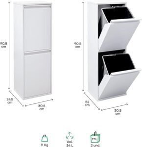 Imagen del cubo de basura y reciclaje Arregui Basic CR201-B de acero inoxidable, con diseño moderno y práctico de 2 compartimentos de 17 litros cada uno (34L en total), ideal para facilitar la separación de residuos en el hogar u oficina.