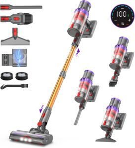 Imagen de la aspiradora sin cable Coovy SU7 con potencia de 580W, succión de 45Kpa y autonomía de hasta 70 minutos, diseño moderno en color negro y azul, ideal para limpieza profunda en todo tipo de superficies.