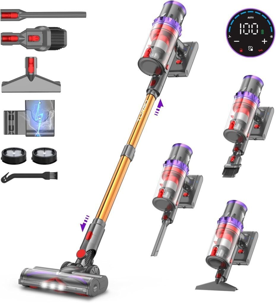 Imagen de la aspiradora sin cable Coovy SU7 con potencia de 580W, succión de 45Kpa y autonomía de hasta 70 minutos, diseño moderno en color negro y azul, ideal para limpieza profunda en todo tipo de superficies.