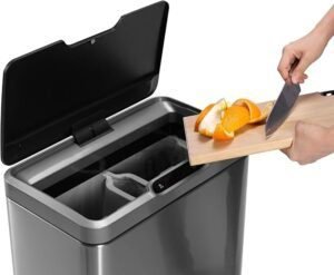 Imagen del producto Opiniones EKO - Papelera de reciclaje Mirage con sensor de 2 x 20 L, diseño moderno y elegante en acero inoxidable, ideal para separar residuos con facilidad gracias a sus dos compartimentos de 20 litros cada uno y su apertura automática con sensor manos libres.