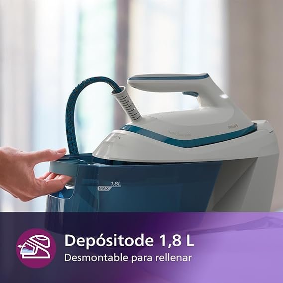 Imagen del generador de vapor Philips PerfectCare Serie 6000, modelo compacto y moderno en color blanco y azul, con 2400 W de potencia, impulso de vapor de 500 g y presión de 6,5 bares, ideal para mostrar su diseño avanzado y características innovadoras en opiniones sobre el Philips PerfectCare Serie 6000.