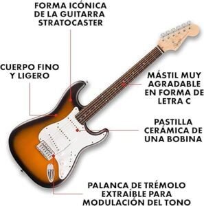Imagen de la guitarra eléctrica Squier by Fender Stratocaster de la Debut Collection, mostrando su diseño clásico, acabado profesional y detalles de alta calidad, ideal para principiantes y músicos que buscan opiniones sobre su rendimiento y estilo.