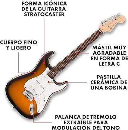 Imagen de la guitarra eléctrica Squier by Fender Stratocaster de la Debut Collection, mostrando su diseño clásico, acabado profesional y detalles de alta calidad, ideal para principiantes y músicos que buscan opiniones sobre su rendimiento y estilo.