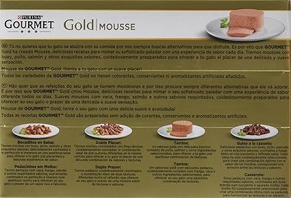 Imagen de producto GOURMET Gold Mousse, Comida Húmeda para Gato Adulto. Muestra variedad surtida con sabores de pescado del océano, pavo, hígado y buey en presentaciones individuales. Alimento premium en textura mousse, ideal para gatos exigentes. Envase atractivo que resalta calidad y sabor.