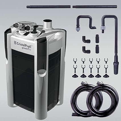 Imagen del filtro externo JBL CRISTALPROFI e902 greenline para acuarios, mostrando su diseño compacto, estructura robusta y componentes incluidos, ideal para ofrecer filtración eficiente y opiniones positivas de usuarios.