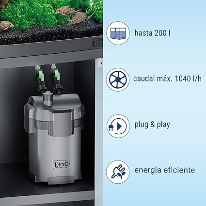 Vista del Tetra EX 700 Plus, set completo de filtro externo para acuarios de 100-200 litros; diseño compacto, accesorios incluidos y alto rendimiento de filtración.