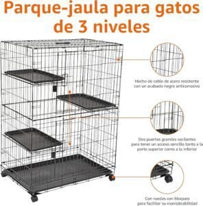 Imagen del producto "Amazon Basics Jaula grande de 3 niveles duradero", mostrando su estructura resistente de metal negro, diseño de tres niveles con rampas y plataformas, ideal para mascotas pequeñas; jaula espaciosa, segura y fácil de limpiar.