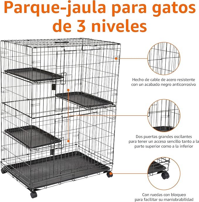 Imagen del producto "Amazon Basics Jaula grande de 3 niveles duradero", mostrando su estructura resistente de metal negro, diseño de tres niveles con rampas y plataformas, ideal para mascotas pequeñas; jaula espaciosa, segura y fácil de limpiar.