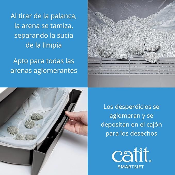 Imagen del producto Catit SmartSift - Bandeja Sanitaria para gatos. Diseño innovador con sistema de limpieza automática mediante palanca, ideal para mantener la higiene de tu mascota sin esfuerzo. Opiniones positivas destacan su practicidad, durabilidad y facilidad de uso.