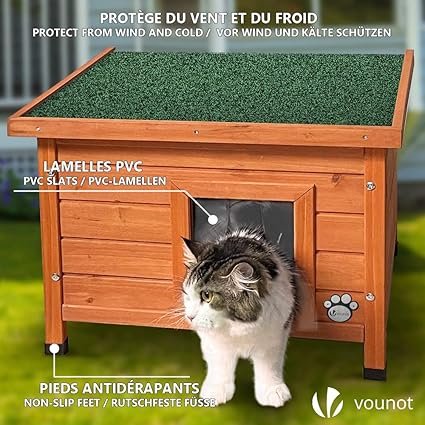 Vista detallada de la VOUNOT® Casa para Gatos de Madera con Techo Asfáltico, mostrando su diseño resistente, acabado natural en madera y techo impermeable ideal para proteger a los gatos en exteriores.