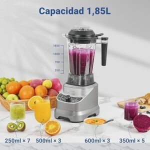 Imagen de la batidora AMZCHEF de vaso profesional de 1800W con jarra de 1,85 litros y 8 velocidades ajustables, ideal para hostelería y uso doméstico.