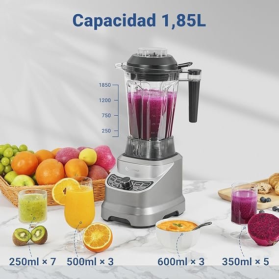 Imagen de la batidora AMZCHEF de vaso profesional de 1800W con jarra de 1,85 litros y 8 velocidades ajustables, ideal para hostelería y uso doméstico.