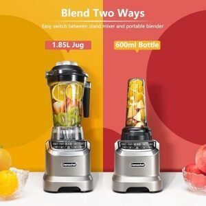 Imagen de la AMZCHEF 2000W Batidora de Vaso 2-EN-1, mostrando su diseño profesional con jarra de 1,85 litros, 6 cuchillas de acero inoxidable, y vaso individual de 600 ml libre de BPA, ideal para batidos, smoothies y mezclas potentes.
