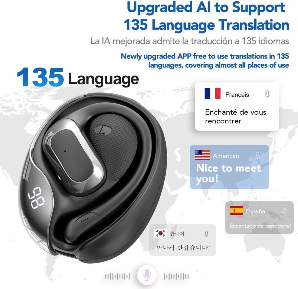 Auriculares con Traducción 3 en 1 con IA – Traducción en Tiempo Real en 135 Idiomas y Acentos, ideales para viajes, estudios y reuniones internacionales. Diseño ergonómico, conectividad Bluetooth y compatibilidad con dispositivos móviles.