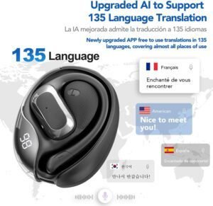 Auriculares con Traducción 3 en 1 con IA – Traducción en Tiempo Real en 135 Idiomas y Acentos, ideales para viajes, estudios y reuniones internacionales. Diseño ergonómico, conectividad Bluetooth y compatibilidad con dispositivos móviles.