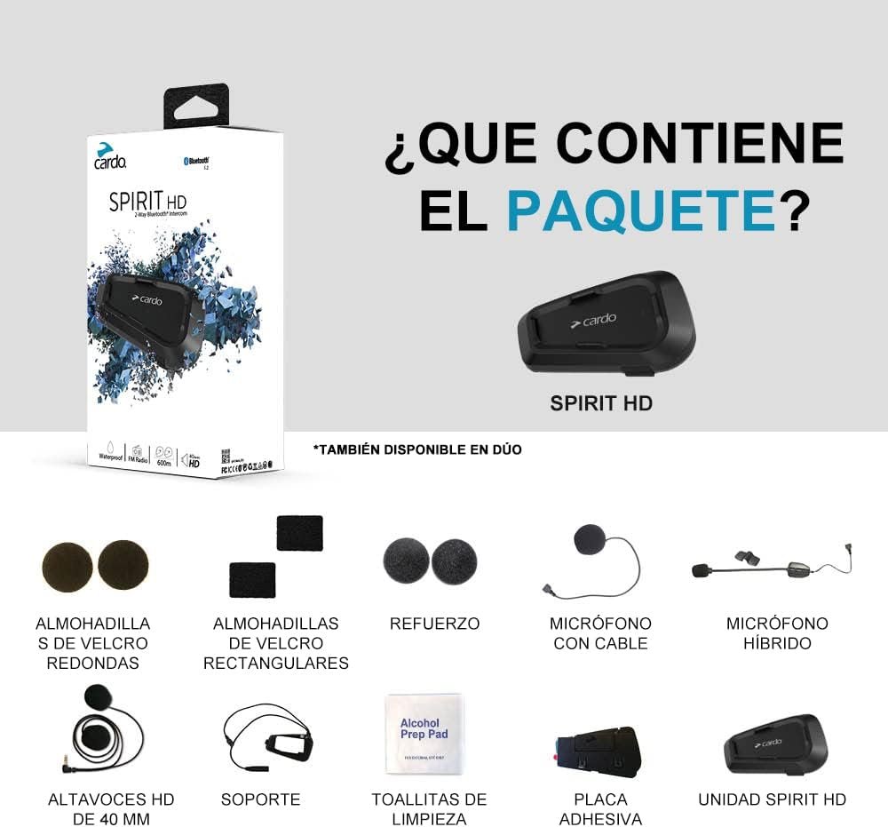 Vista del sistema intercomunicador Cardo Spirit HD para motocicleta, con diseño compacto y aerodinámico, ideal para comunicación Bluetooth de 2 vías entre motociclistas; producto destacado en opiniones por su alta calidad de audio y facilidad de uso.