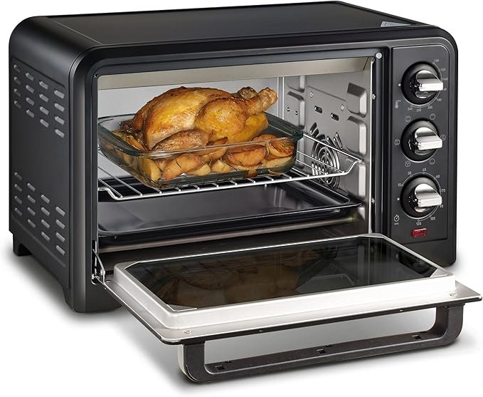Imagen del horno de convección Moulinex Optimo OX4448 de 19 litros, mostrando su elegante diseño compacto en color negro, ideal para conocer opiniones sobre su funcionamiento, con detalles de sus 6 modos de cocción y termostato ajustable hasta 240°C.