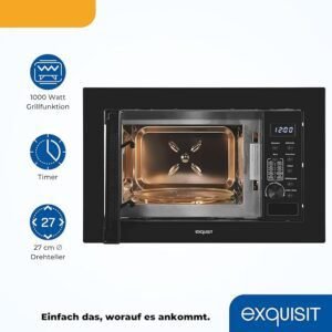 Microondas empotrado Exquisit® EMW20-DG-020 de acero inoxidable, 800 W de potencia, grill de 1000 W, 8 programas automáticos de cocción y plato giratorio de 27 cm, ideal para cocinar, asar y calentar de forma rápida y eficiente.
